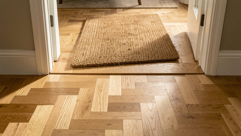 Entrée de maison élégante avec parquet en chêne clair protégé par une finition satinée et un paillasson épais en fibres naturelles.