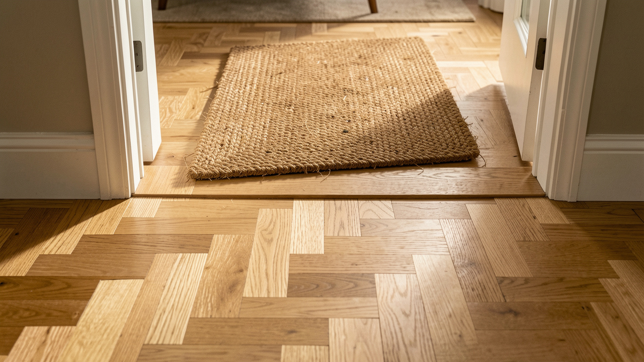 Entrée de maison élégante avec parquet en chêne clair protégé par une finition satinée et un paillasson épais en fibres naturelles.