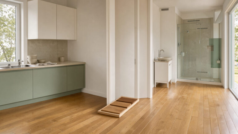 Parquet en chêne naturel posé dans une cuisine et une salle de bains modernes, avec joints protégés et finition résistante à l’humidité.