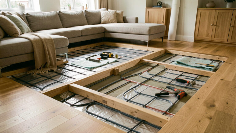 Vue d’un parquet en chêne installé au-dessus d’un système de chauffage au sol, avec une partie du plancher soulevée laissant voir les tubes chauffants et les matériaux de pose.