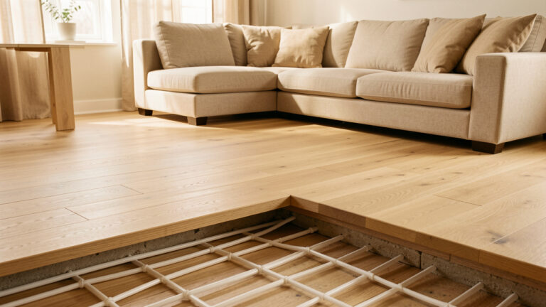 Salon contemporain avec parquet en chêne posé au-dessus d’un système de chauffage au sol visible en coupe.