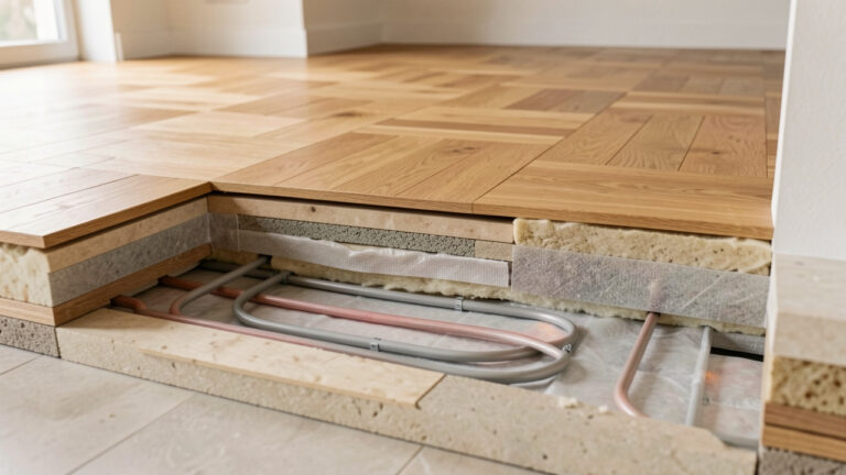 Vue en coupe d’un parquet en chêne posé au-dessus d’un système de chauffage au sol, avec les différentes couches techniques et les espaces de dilatation visibles.