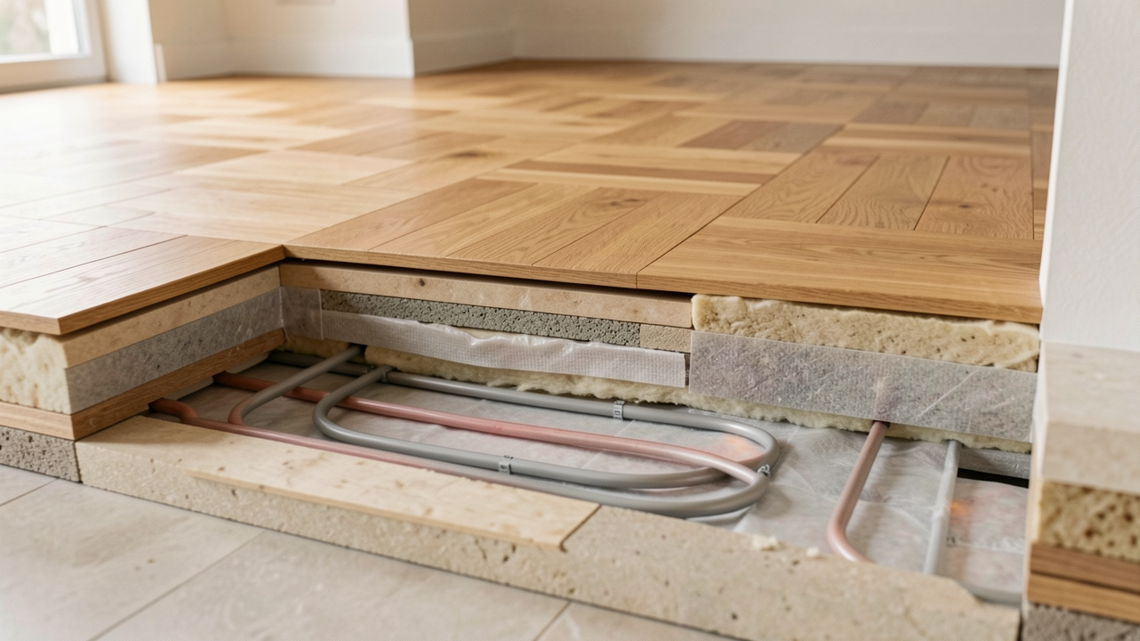 Vue en coupe d’un parquet en chêne posé au-dessus d’un système de chauffage au sol, avec les différentes couches techniques et les espaces de dilatation visibles.