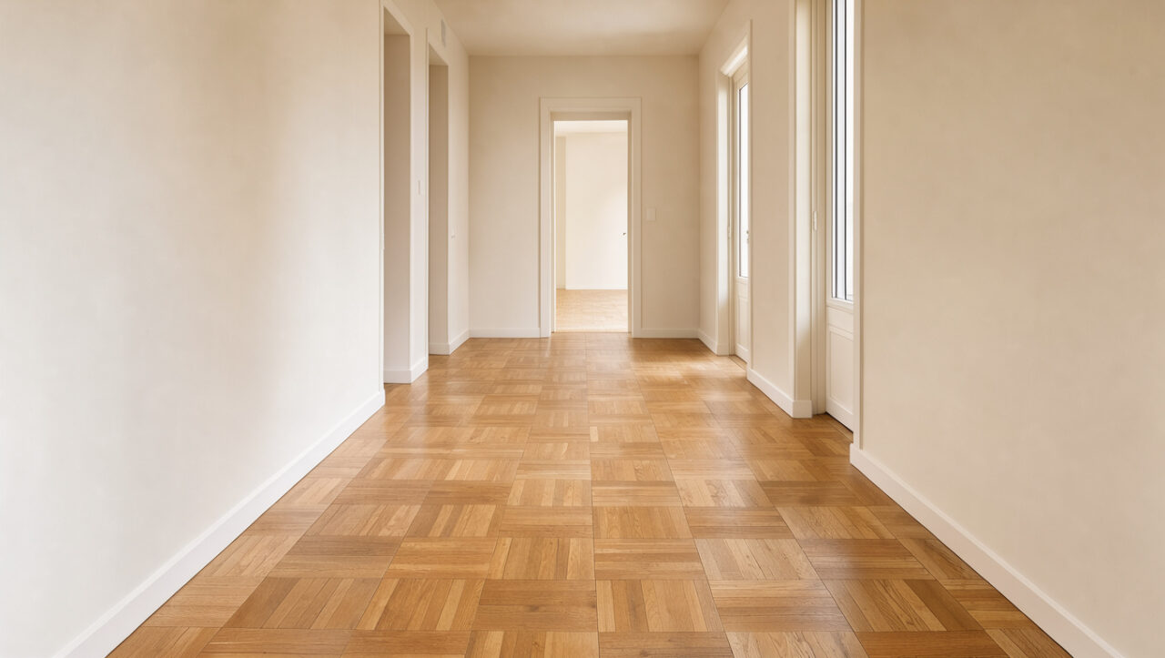Couloir lumineux avec un parquet en chêne clair posé dans le sens de la longueur pour agrandir visuellement l’espace.