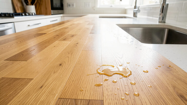 Sol en parquet de chêne vitrifié dans une cuisine lumineuse, avec quelques gouttes d’eau et une petite tache de sauce illustrant sa résistance à l’humidité et aux taches.