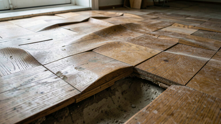 Gros plan sur un parquet en bois déformé et soulevé par l’humidité, laissant apparaître un sous-plancher humide.