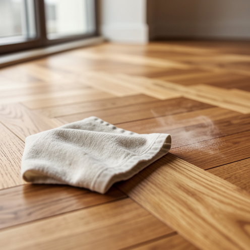 Vue rapprochée d’un parquet massif en teck posé en motif en chevrons, avec la texture du bois mise en valeur sous une lumière naturelle douce dans un intérieur moderne.