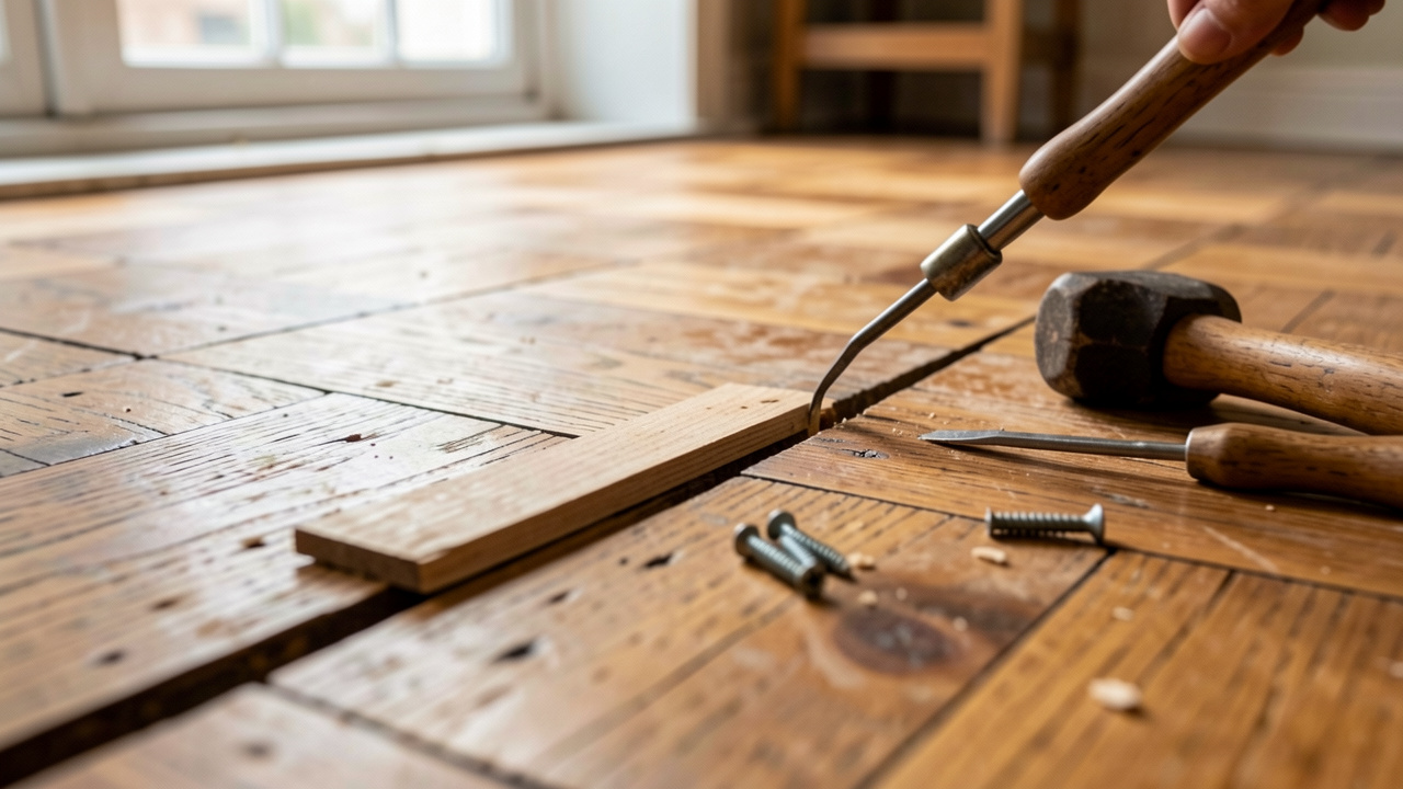 Gros plan sur un parquet ancien en bois avec des outils et des cales utilisés pour réparer durablement les grincements sans déposer les lames.