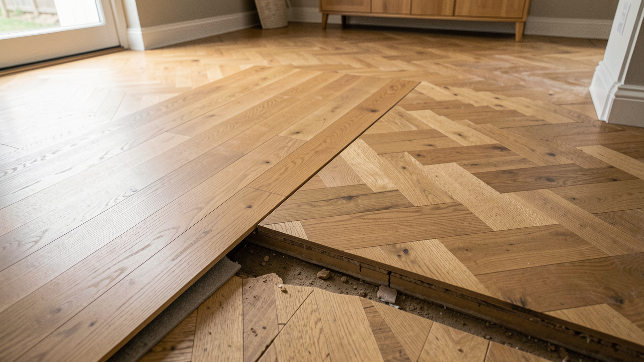 Vue réaliste d’un parquet en bois présentant différentes poses, avec des lames légèrement soulevées laissant entrevoir les causes possibles des grincements et les solutions de prévention.