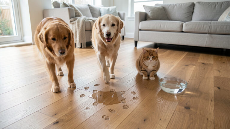 Un chien et un chat se déplacent dans un salon lumineux au sol en parquet, près d’une gamelle d’eau, illustrant un revêtement résistant aux rayures, aux taches et à l’humidité.