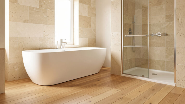 Salle de bains contemporaine lumineuse avec un parquet en bois naturel traité pour résister à l’humidité, une baignoire blanche et une douche vitrée.