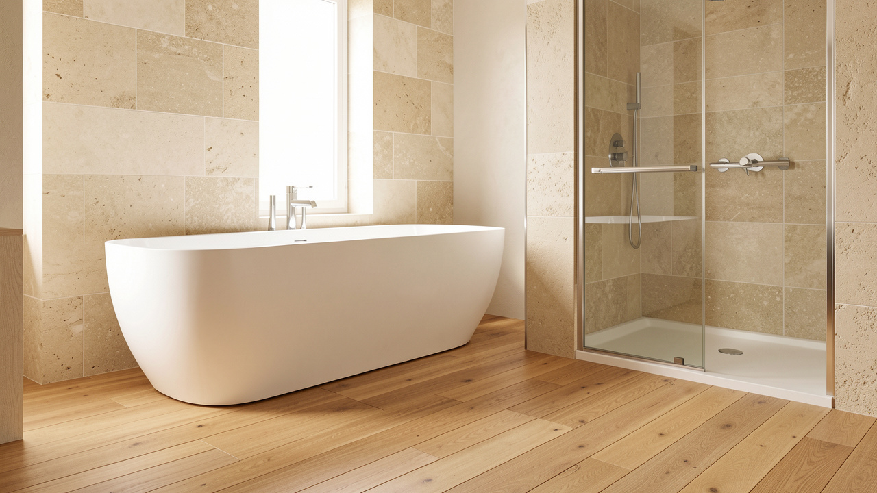 Salle de bains contemporaine lumineuse avec un parquet en bois naturel traité pour résister à l’humidité, une baignoire blanche et une douche vitrée.