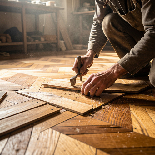 Restauration d’un ancien parquet Versailles, avec pose précise de panneaux en bois dans un atelier, texture du chêne et finition détaillée, éclairage latéral chaud.