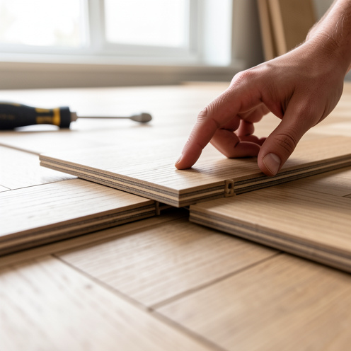 Plan rapproché d’un parquet flottant stratifié avec pose emboîtée, texture du bois visible, lumière naturelle et intérieur lumineux avec outils de pose au sol.