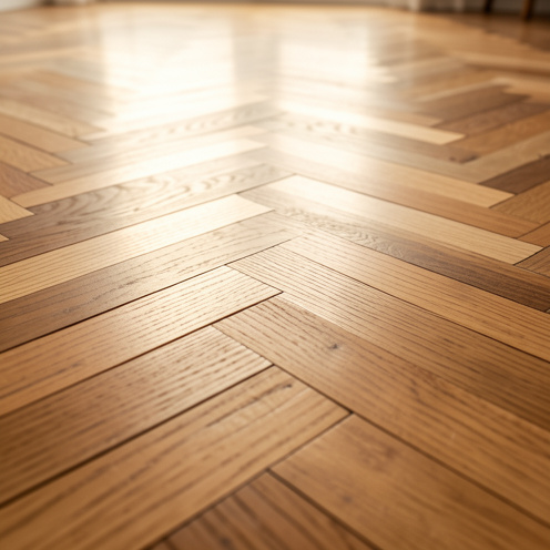 Vue rapprochée d’un parquet en point de Hongrie avec des lames de bois disposées en chevrons, lumière dorée rasante révélant la texture et les ombres entre les lattes.