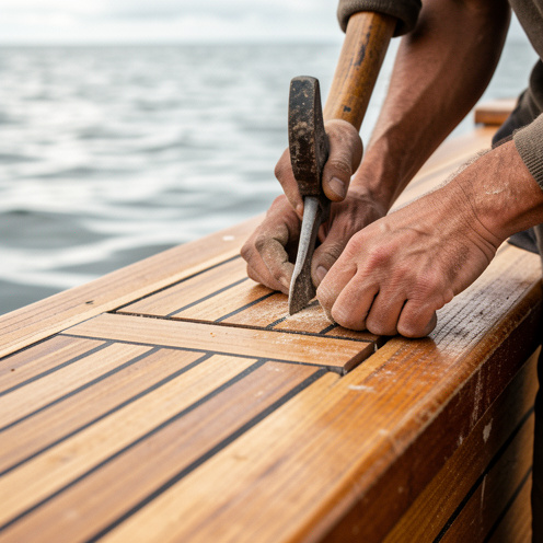 Pose de parquet en lames sur un ponton de bateau, avec alignement précis des planches et outils, vue rapprochée sur le bois et l’eau en arrière-plan.