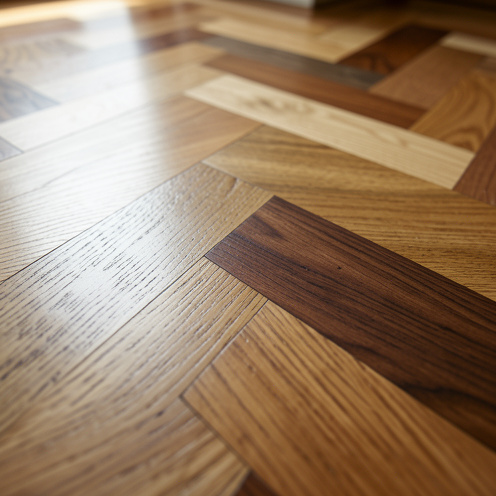 Gros plan réaliste d’un parquet en bois avec motifs chevron et géométriques, mettant en valeur les essences, le grain et une finition satinée sous une lumière naturelle.