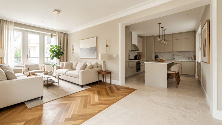 Intérieur contemporain montrant l’association harmonieuse d’un parquet en chêne et d’un sol en pierre naturelle pour délimiter les espaces de la maison.