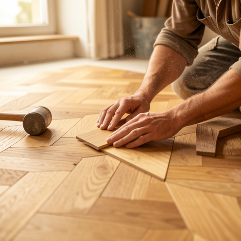 Pose de parquet en point de Hongrie à la française : mains alignant des lames de parquet en bois, outils de pose et ambiance lumineuse naturelle, gros plan sur le grain du bois.