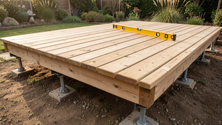 Terrasse en bois en cours d’installation sur des plots réglables, avec une structure stable et des lames soigneusement alignées.