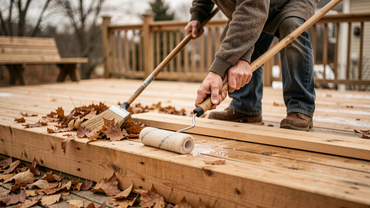 Préparation d’une terrasse en bois avant l’hiver : nettoyage des planches puis application d’une huile protectrice pour limiter fissures et déformations.