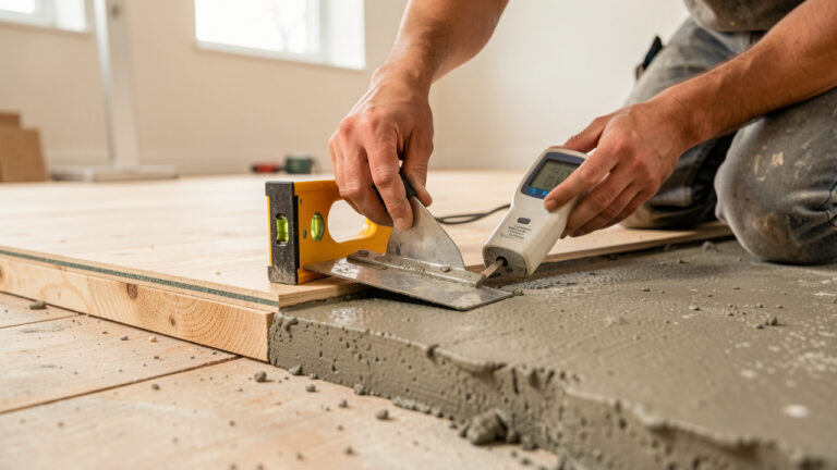 Préparation du support avant la pose d’un parquet : contrôle du niveau, ragréage d’un sol à la truelle et mesure de l’humidité dans un atelier.