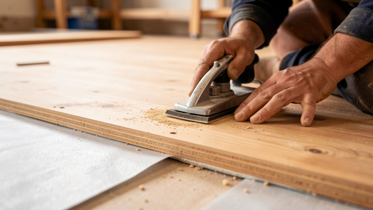 Préparation d’un sol en bois pour une pose durable : sous-couche posée, ponçage et lissage de la surface dans un atelier lumineux.