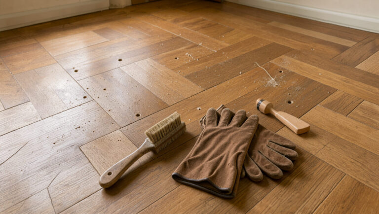 Gros plan sur un parquet en bois présentant de petits trous, de la sciure fine et des fissures, avec des accessoires de traitement posés à proximité.