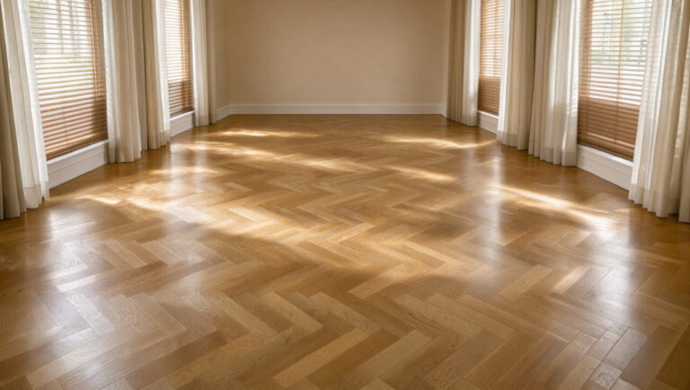 Parquet en chêne clair protégé de la lumière directe par des rideaux fins et des stores en bois, avec un fini satiné qui préserve son aspect naturel.