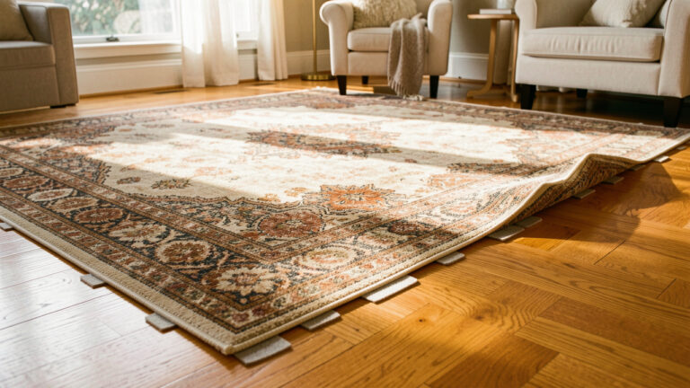 Moquette posée sur un parquet en bois avec une protection en feutre visible sous un coin relevé pour éviter les marques au sol.