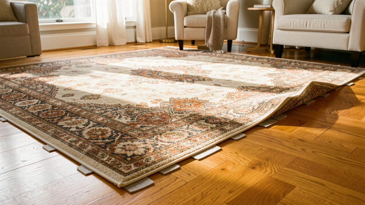 Moquette posée sur un parquet en bois avec une protection en feutre visible sous un coin relevé pour éviter les marques au sol.