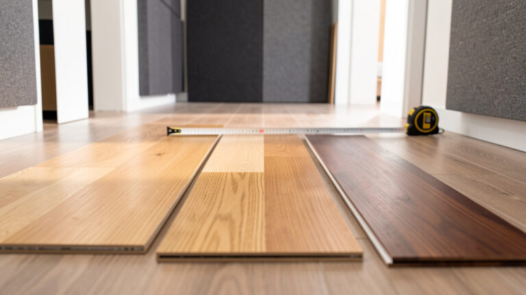 Scène d’intérieur professionnelle avec plusieurs échantillons de parquet en bois, panneaux acoustiques et ruban à mesurer, éclairage naturel et détails de texture pour illustrer trafic, acoustique et entretien.