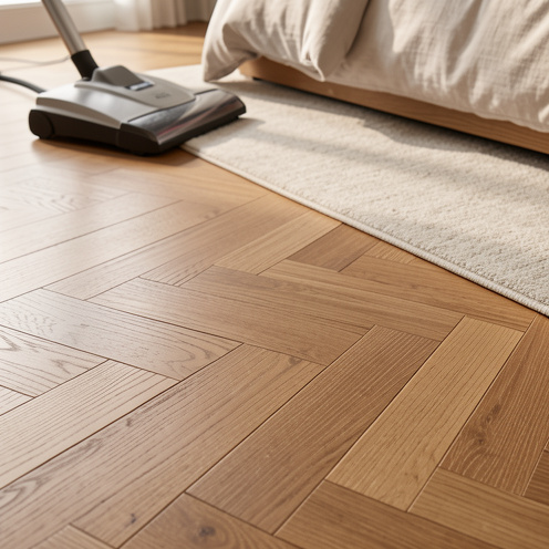 Parquet en chêne dans une chambre, vue rapprochée montrant différentes finitions mates et brossées, éclairage naturel du matin et ambiance chaleureuse.