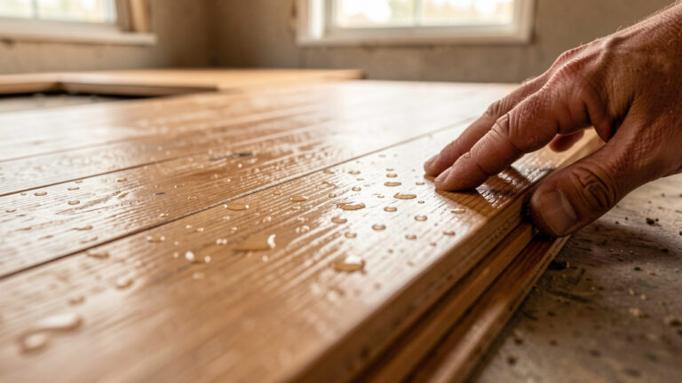 Planches de parquet en bois stratifié résistant à l’humidité, installées dans une pièce humide, avec finition protectrice et gouttes d’eau perlant sur la surface.