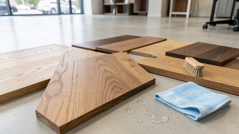 Salle d’exposition avec plusieurs échantillons de parquet en bois, vue rapprochée des veines, accessoires d’entretien et test de résistance, éclairage naturel réaliste.