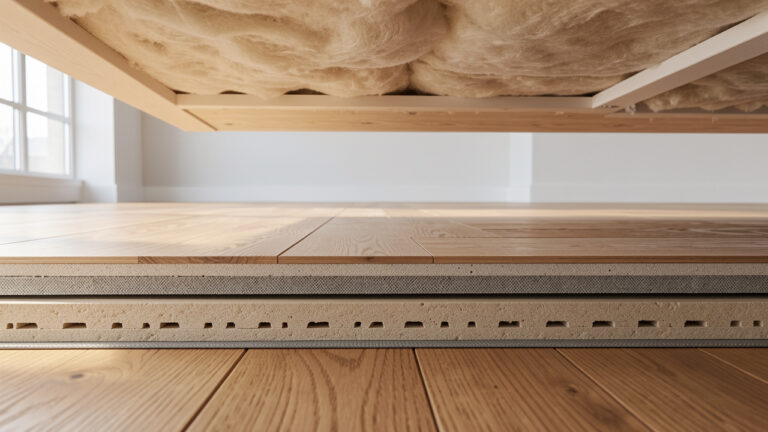 Coupe illustrative d’un sol d’appartement en bois avec une sous-couche acoustique et des matériaux isolants pour réduire la transmission des bruits d’impact.