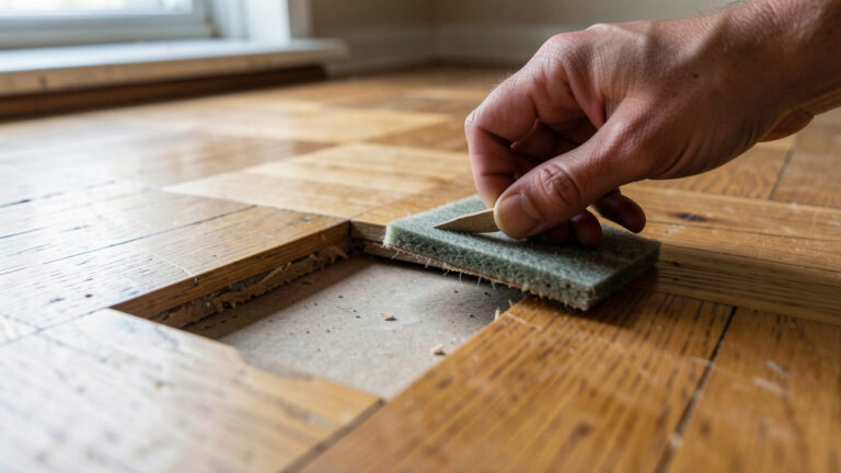 gros plan sur un parquet en bois avec une petite section soulevée, des cales et un matériau d’amortissement placés pour réduire les grincements, éclairage naturel et rendu photo réaliste