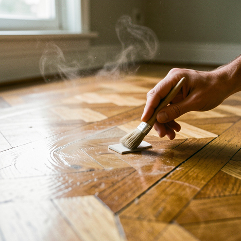 Rénovation d’un parquet ancien : ponçage et application d’un vernis protecteur clair pour révéler le grain du bois.