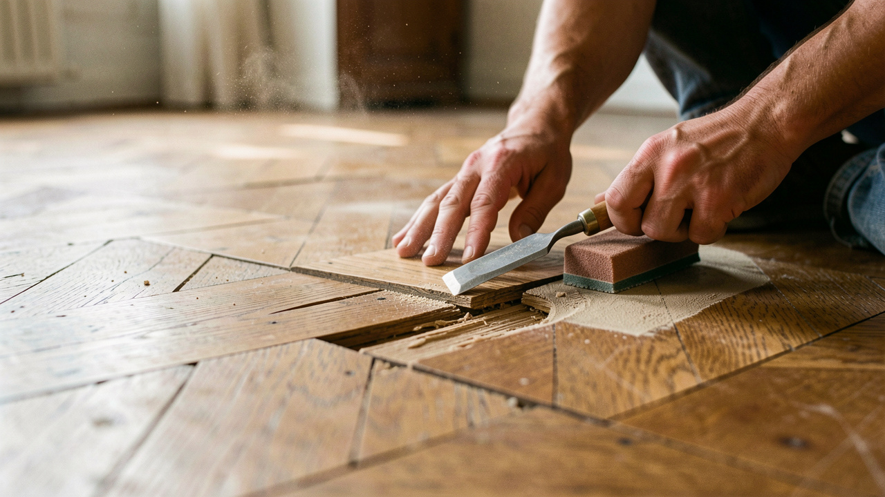 Rénovation d’un parquet ancien : quelques lames abîmées sont réparées et une zone est poncée, mettant en valeur le grain du bois sous une lumière naturelle.