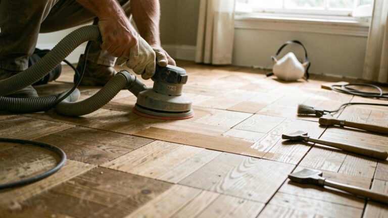 Parquet ancien en cours de rénovation, poncé avec une ponceuse et aspiré, planches en bois mises en valeur, lumière naturelle et outils de chantier visibles, ambiance réaliste documentaire.