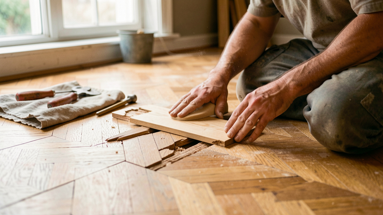 Réparation d’un parquet abîmé : remplacement d’une planche, ponçage et outils au sol, lumière naturelle chaleureuse, aspect réaliste et détaillé du bois.