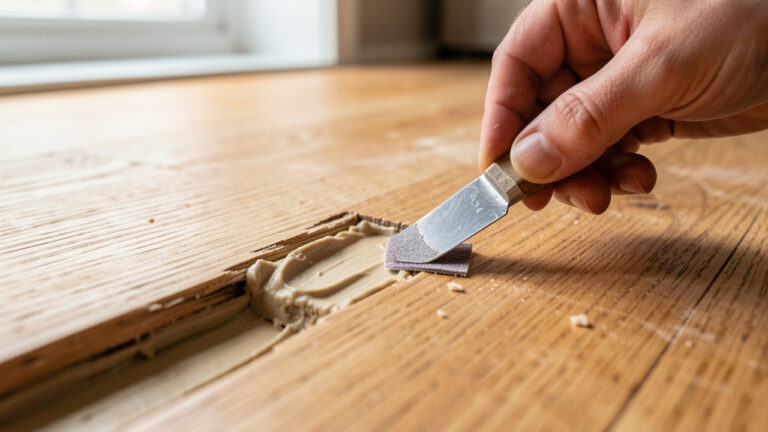 Gros plan sur une lame de parquet abîmée en cours de réparation avec de l’enduit à bois, une spatule et du papier abrasif.