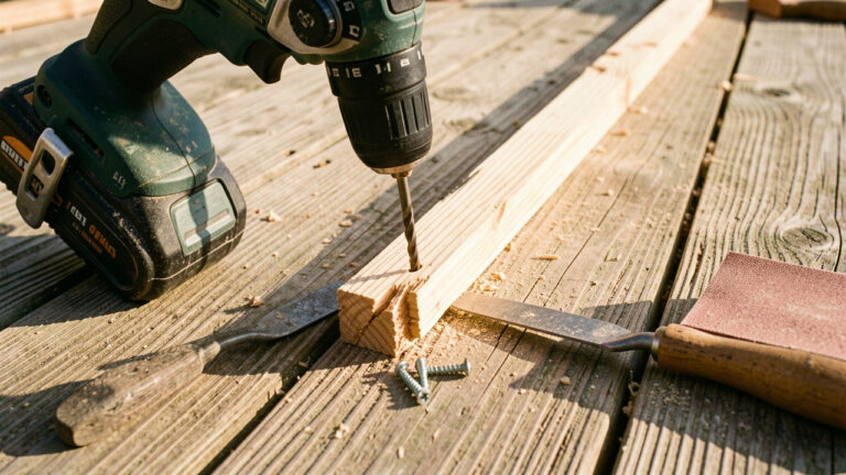 Gros plan sur la réparation sur place d’une lame de terrasse en bois abîmée avec des outils et une pièce de bois de remplacement.