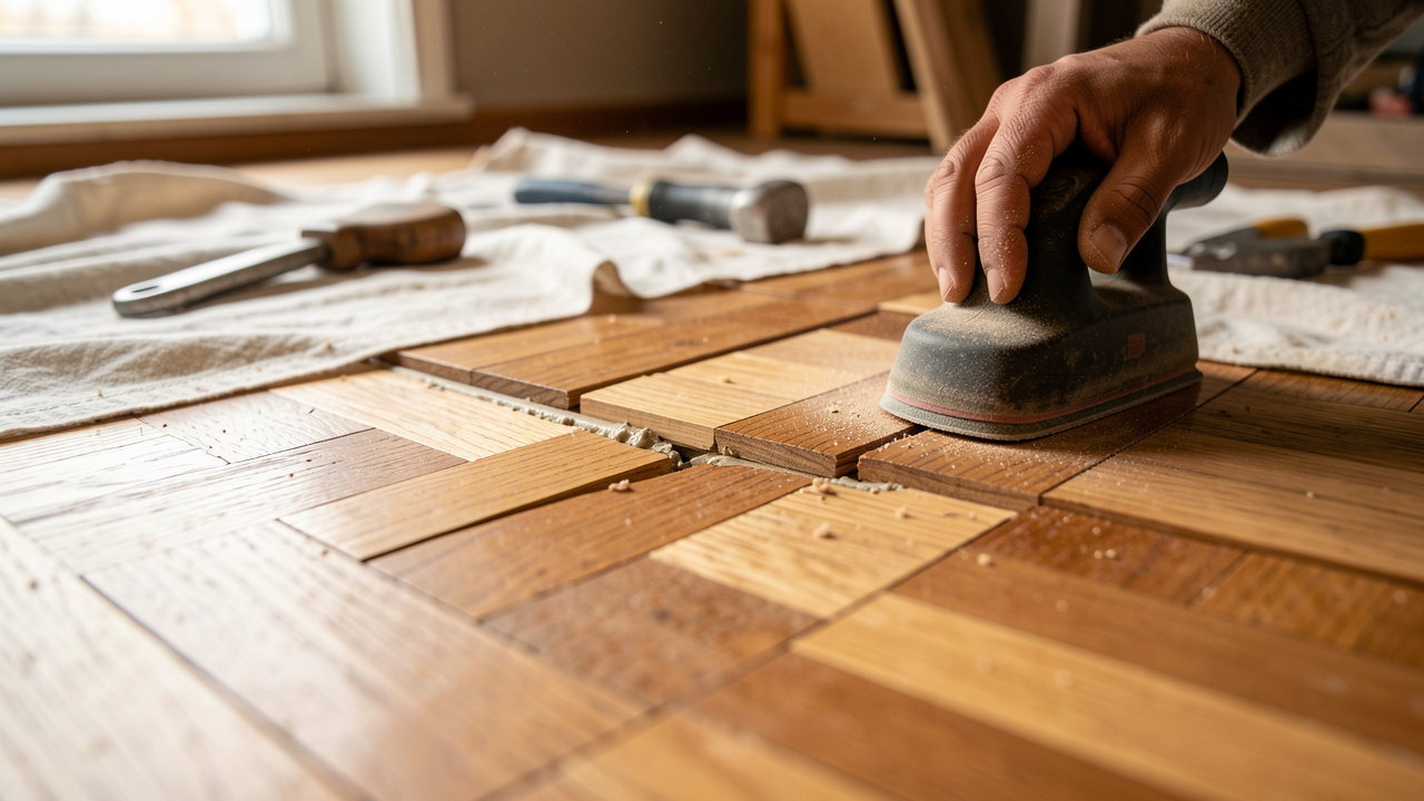 Plan rapproché d’un parquet en bois pendant sa réparation : une lame fendue réalignée, des rayures lissées au ponçage et un mastic de réparation appliqué dans une zone abîmée, avec des outils et un chiffon de protection dans une pièce lumineuse.