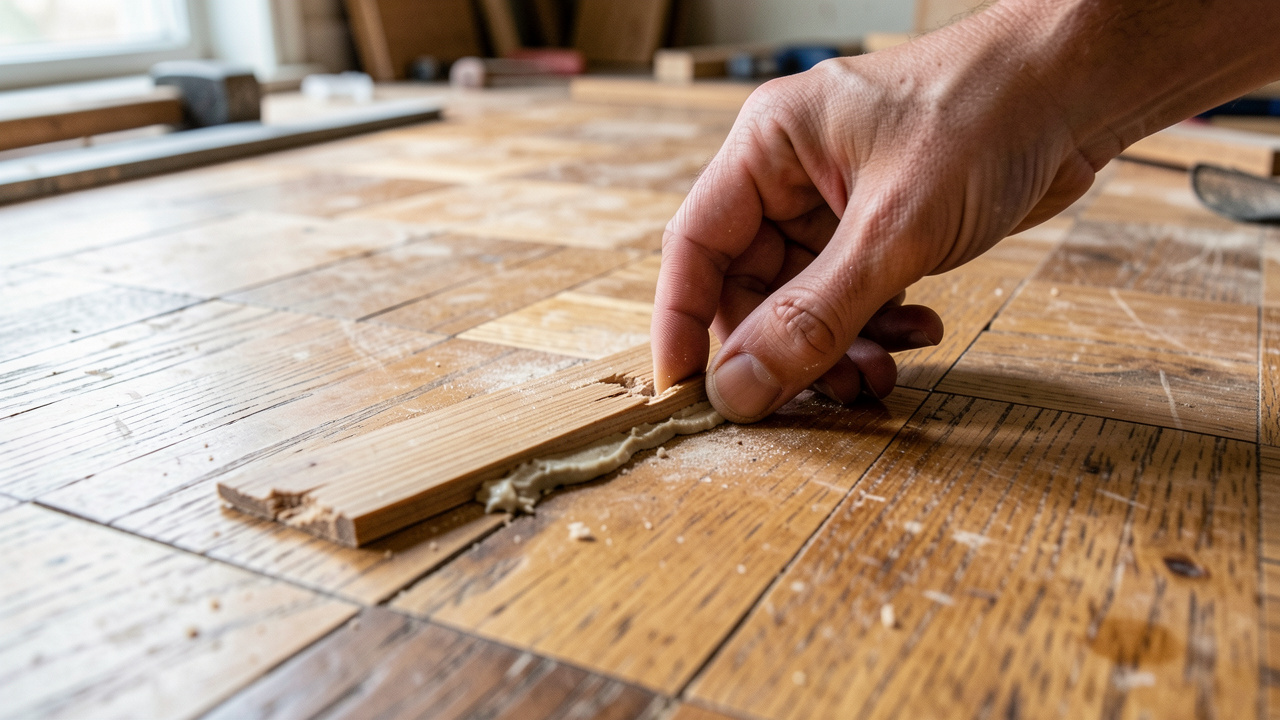 Réparation d’un parquet abîmé : remplacement d’une lame et lissage du mastic dans une petite zone, vue rapprochée en lumière naturelle.