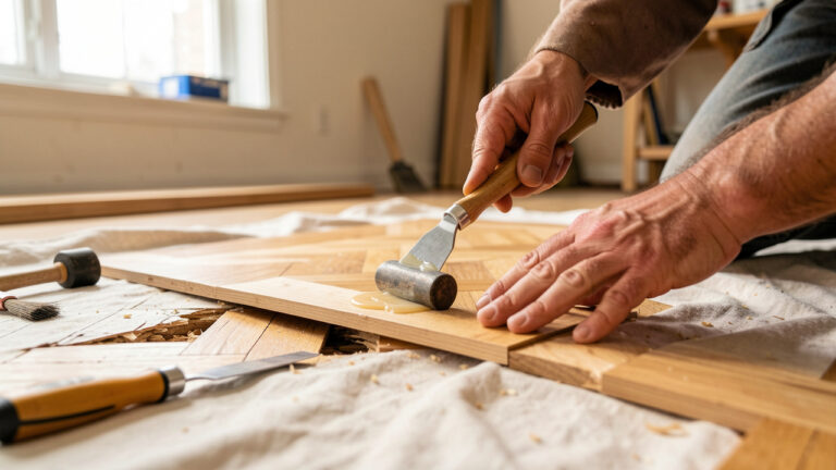 Réparation d’un parquet abîmé : une personne ajuste une planche de bois assortie, avec outils et lumière naturelle dans un atelier, mettant en valeur la texture du bois.
