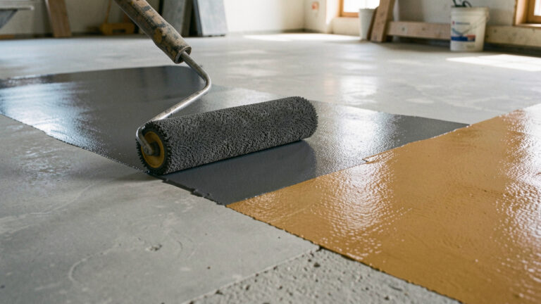 Application d’une résine époxy sur un sol en béton, avec une transition visible entre une surface réparée et une finition moderne et brillante.