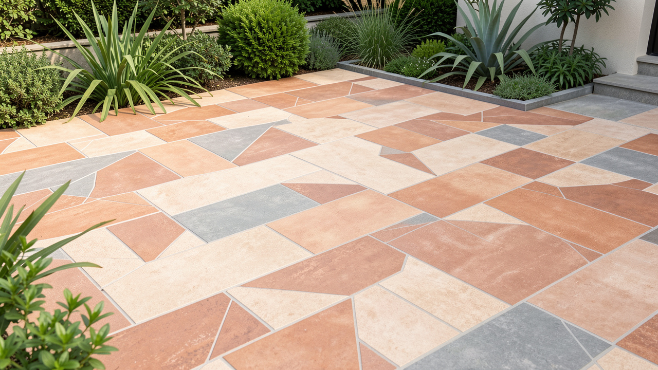 Terrasse extérieure recouverte d’une mosaïque en carreaux texturés aux tons terracotta, sable et gris, avec une finition mate antidérapante et facile à entretenir.