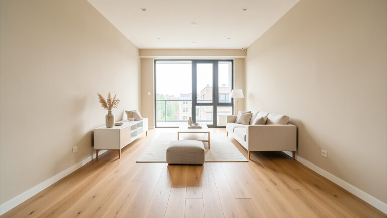 Salon lumineux avec un parquet en chêne posé dans le sens de la longueur pour agrandir visuellement la pièce.