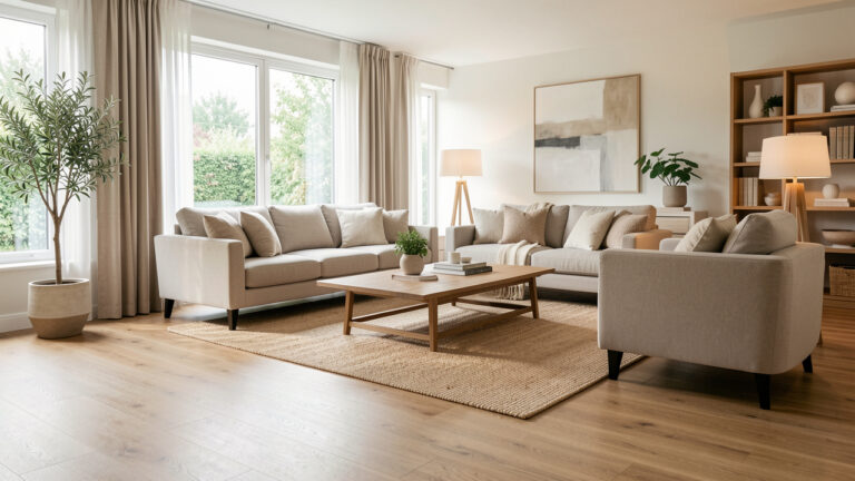 Salon contemporain lumineux avec un sol vinyle imitant le bois, associé à un mobilier élégant et à une décoration neutre.